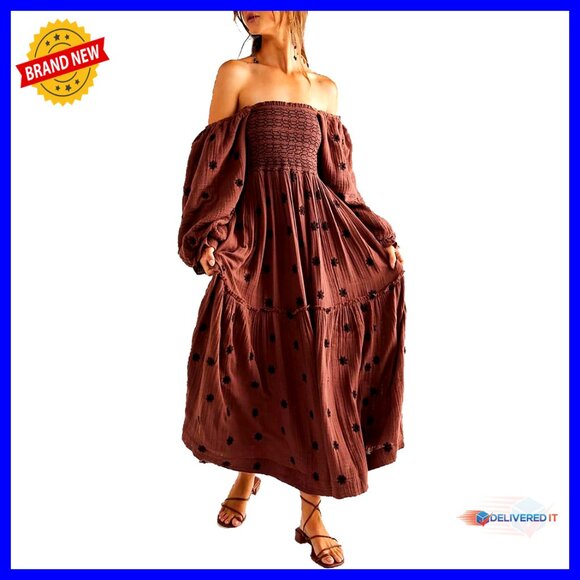 Floral Embroidered Maxi Dress with Lantern Sleeves Square Neck Backless